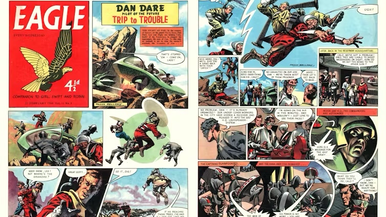 Dan Dare’s first reinvention, in terms of art style: pages from the story “Trip to Trouble” by Frank Bellamy