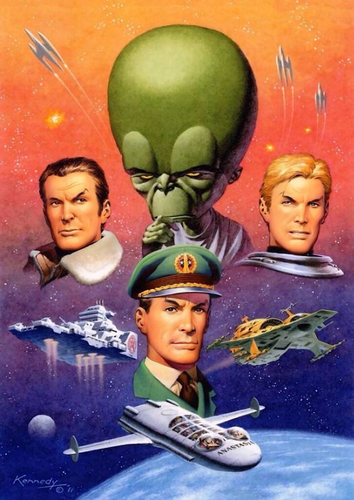 Various incarnations of Dan Dare, assembled for a poster by Ian Kennedy, first published in Spaceship Away