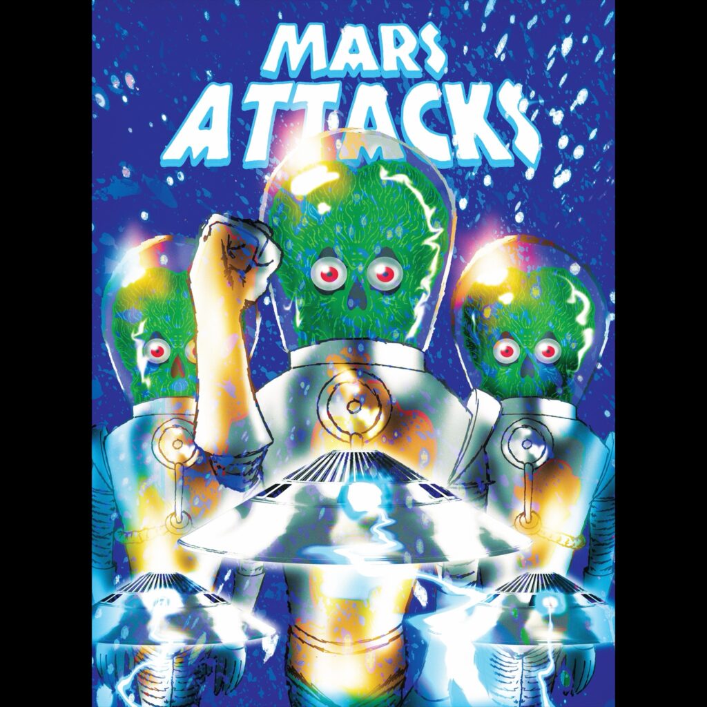 A vibrant illustration featuring three green aliens in space helmets, with large red eyes. The foreground alien is raising its fist, while a flying saucer is visible beneath them. The background is a blue cosmic scene with the text 'MARS ATTACKS' prominently displayed at the top.