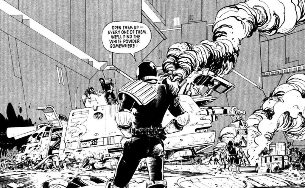 A scene from the 2000AD 1981 SciFi Special story, "Judge Dredd: The Sweet Taste Of Justice", written by "Staccato" (aka Alan Grant), with art by Colin Wilson. Sugar is revealed illegal in Mega City One for the first time