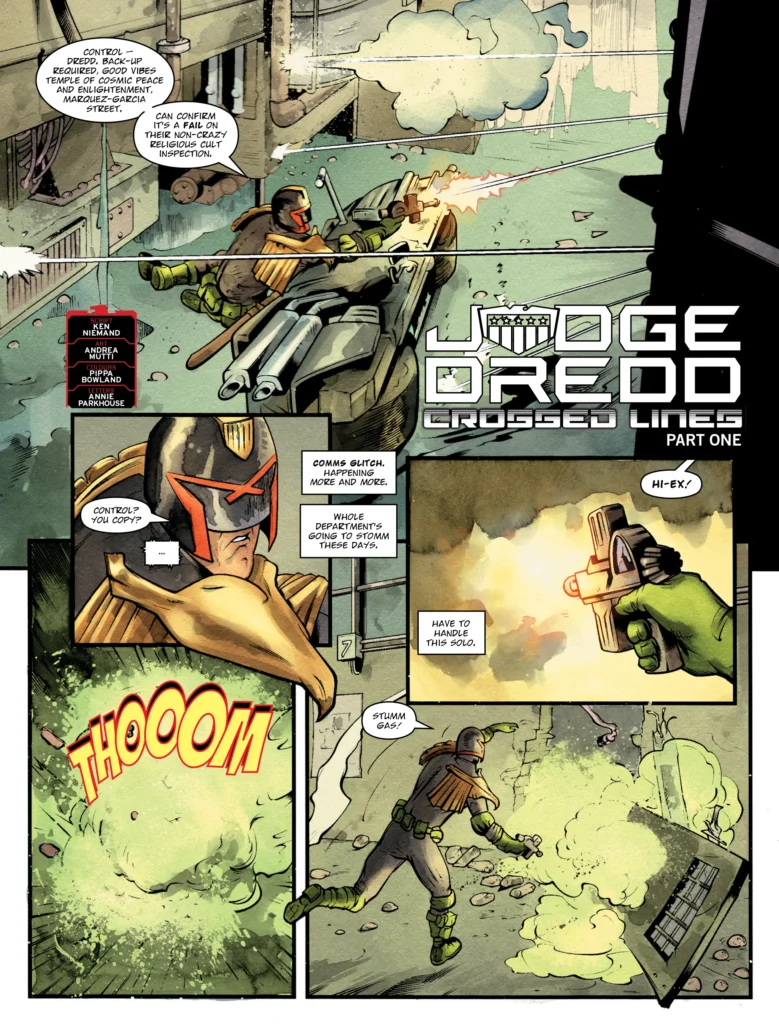 2000AD Prog 2481 - JUDGE DREDD // CROSSED LINES
By Ken Niemand (Writer) Andrea Mutti (Artist) Pippa Bowland (Colourist) Annie Parkhouse (Letterer)