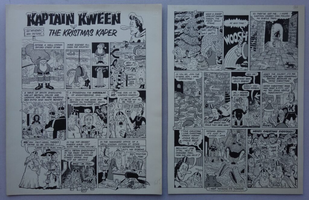 Two original pages of artwork by Ed McHenry and Ray Peters, with a fine level of detail. The strip featured in Issue Three of Denis Gifford's 1976 Ally Sloper title. It was originally bought them from Hamer Auctions, when they sold off Denis Gifford's collection.The first page measures approximately 15.5 x 12.5 inches (39 x 32 cm). The second page is 1.5 inches narrower. Quite thin but sturdy card with black ink and very crisp lines. In very nice shape overall.