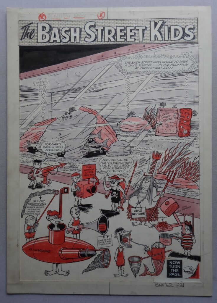 Here's an ultra rare page of “The Bash Street Kids” original artwork, drawn by the highly esteemed artist Leo Baxendale, who created and drew the strip for The Beano from 1954 to 1962. He also created Minnie the Minx, Little Plum and The Three Bears.



“Original artwork for Leo Baxendale hardly ever surfaces,” Phil Shrimpton notes. “We feel this page is extra special, as it's a single panel image, something that the artist did on numerous occasions to an incredibly high standard, in fact he was renowned for some of those large scenes with various sub plots.”



This page appeared in the 1962 Beano Book, on page 31. It was part of a two-page story with each page comprising a full page, single panel. It measures 19 x 13.5 inches (approx 48 x 34 cm) and was drawn on fairly thin card, which was then pasted down onto a fairly thick piece of artboard. A border mount of white card was added on all four sides, and then the Bash Street Kids banner, with brick wall effect background, was pasted down on top. All of this was done originally in the preparation of this page.



The red water colour paint colours are fresh and the black lines very crisp and sharp. The level of detail is fantastic and it's a pure pleasure to savour this up close.



The reverse side has a 1/2 inch black ink stain, a sticker with pen writing to the centre and a piece of green sticky tape, folded back on itself and stuck down top and bottom - these look like they would come off easily, but we've left them on.  



Overall a wonderful page of art and an almost unique opportunity to acquire a page of original Leo Baxendale Bash Street Kids artwork from 1961, just a few months before he left the firm to join Odhams Press, where he helped in a big way to launch Wham comic.