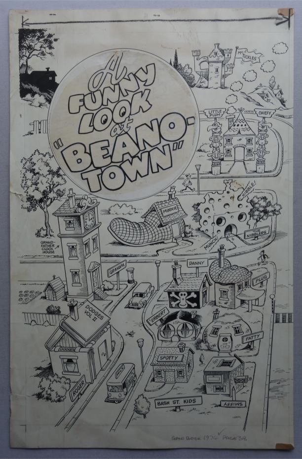 Beano Book 1974 Beano Town Original Art by Robert Nixon. A rarely seen page of original artwork from a DC Thomson title, by Robert Nixon . The first of a two page strip. Measures approx 19 x 12.25 inches (48 x 31 cm)