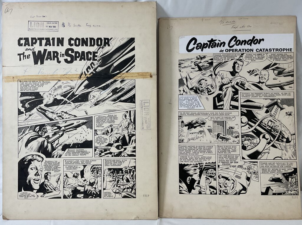 A pair of original comic book art pages comprising Captain Condor in "Operation Catastrophe", Episode 6 page 1, for Lion, cover dated 29th October 1960; and "Captain Condor and The War in Space" page 1 for Lion cover dated 11th November 1961), both likely drawn by Keith Watson, largest measuring 54cm x 39cm