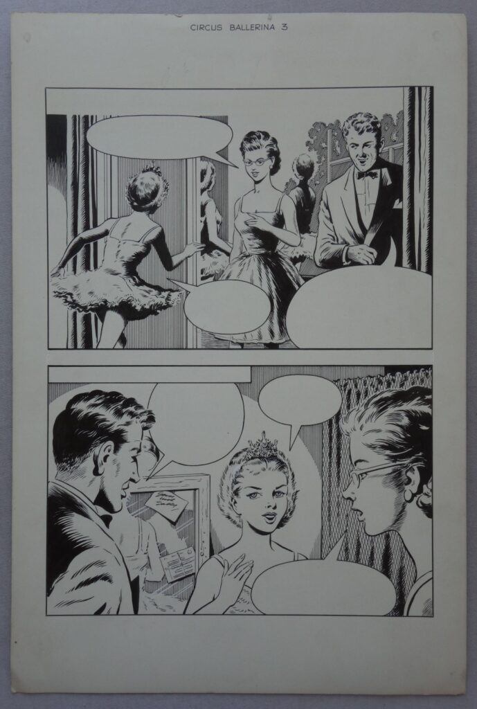 “Circus Ballerina” art, possibly for Princess, believed to be by Bill Lacey, from the estate of the late David Slinn, who worked in comics for several decades and was a supporter of the downthetubes. This thin piece of card measures 15 x 10 inches and features two panels of a comic strip. “Based on the style of the panels we suspect it may have been from a Picture Library style comic, possibly 1962 and possibly drawn by Bill Lacey,” say Phil Comics. “A lot of doubts we realise but hopefully the eventual winner will be able to source the published page. Beautifully crisp pen lines and detail of the various people and faces. A couple of very light corner creases.”