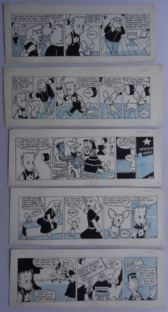 Five individual, consecutive “Nigel” newspaper strips featuring the Adventures of a young boy, Nigel and his dog Pepito, who seems to possess some of the magic qualities seen in the early adventures of “Flook”. Jackson was also responsible for “Artie’s Headline”, which would often feature alongside pocket cartoon by Osborne Lancaster in the Daily Express during the 1950s. The small number in the lower corner of the last panel of each page runs from 40 to 44, and the reverse side has a number starting with 2651 on the #40 page, going to 2655 on the #44 page. Each page has an ink stamp mark to the reverse side with his name and address on. Each page measures approximately 16 x 6.5 inches (41 x 16 cm)