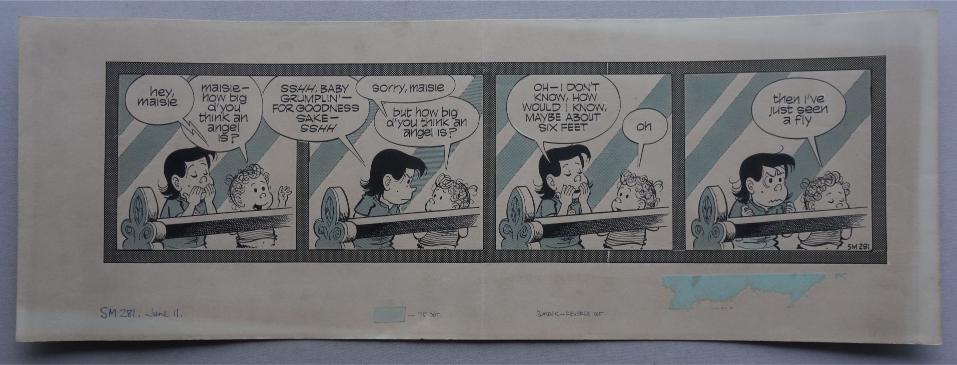Original comic artwork for “The Perishers” strip dated 11th June, which appeared in The Sunday Mirror, SM 281 in the last panel indicating the Sunday version of the paper. Possibly from the 1970s. The art measures approximately 21 x 7.5 inches (53 x 19 cm). It has a vertical centre fold