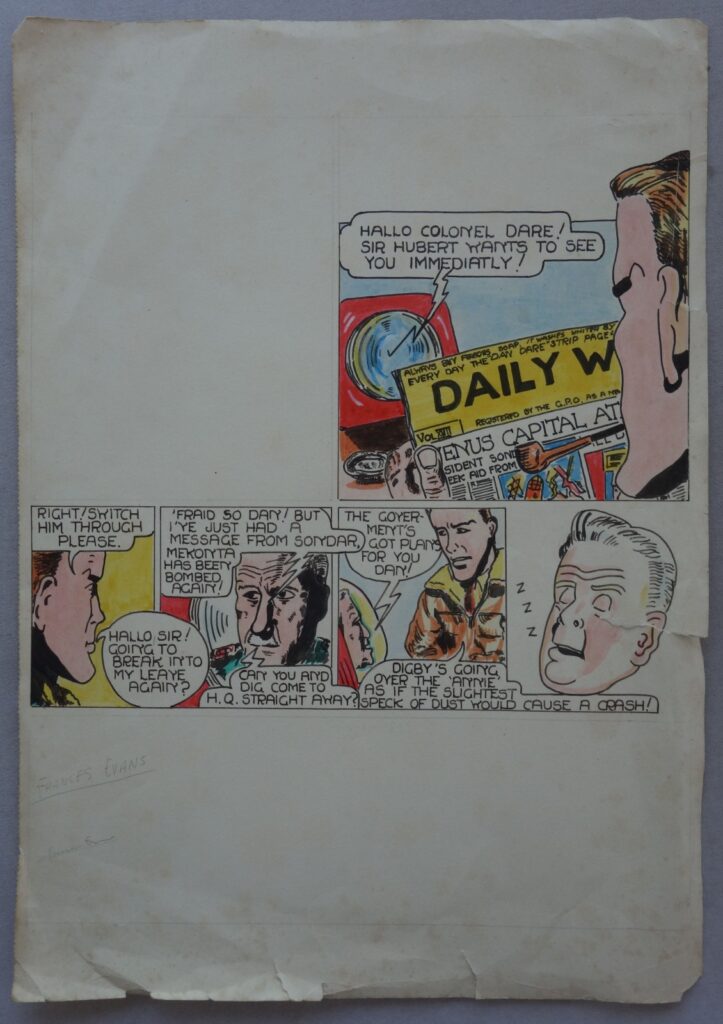 A mystery piece of “Dan Dare” Original Artwork, date and artist unknown, from the estate of the late David Slinn, who worked in comics for several decades. IT’s possible it’s an early artwork by David himself, inspired by his known admiration for both “Dan Dare” and Eagle. Whether it was published or not is unknown; the art measures 14 x 10 inches and looks to have been created in watercolour