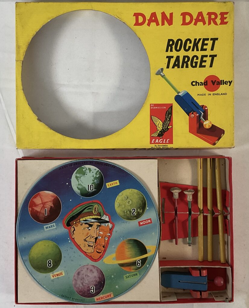 A Dan Dare Rocket Target game, licensed by Eagle comics and produced by British toy manufacturer Chad Valley, 
sold for £698.50 (Lot 92)