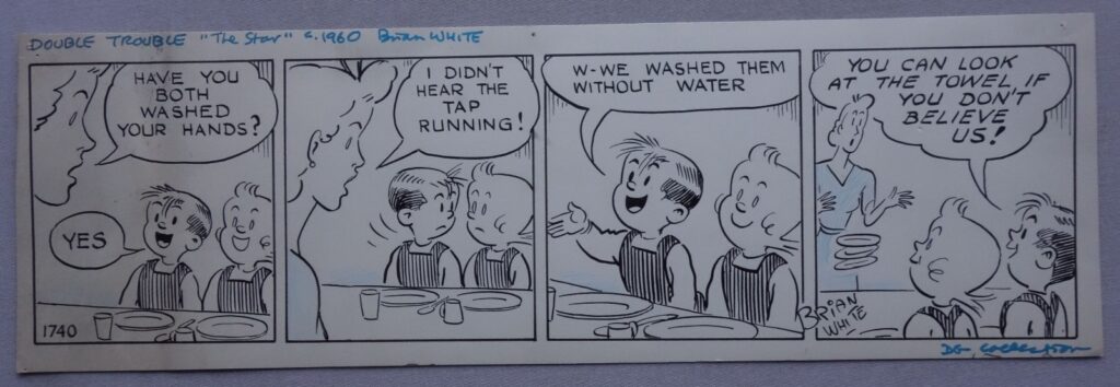 In his indispensable A-Z of British Newspaper Strips, Paul Hudson notes the American strip “Double Trouble” by Bill McLean ran in the London evening newspaper, The Star, through the night 1940s and early 1950s. When the source material dried up with its cancellation in 1953, after a brief hiatus, Brian White, who had finished his long run on “Nipper” for the Daily Mail, was contracted to produce new adventures of the troublesome twins.