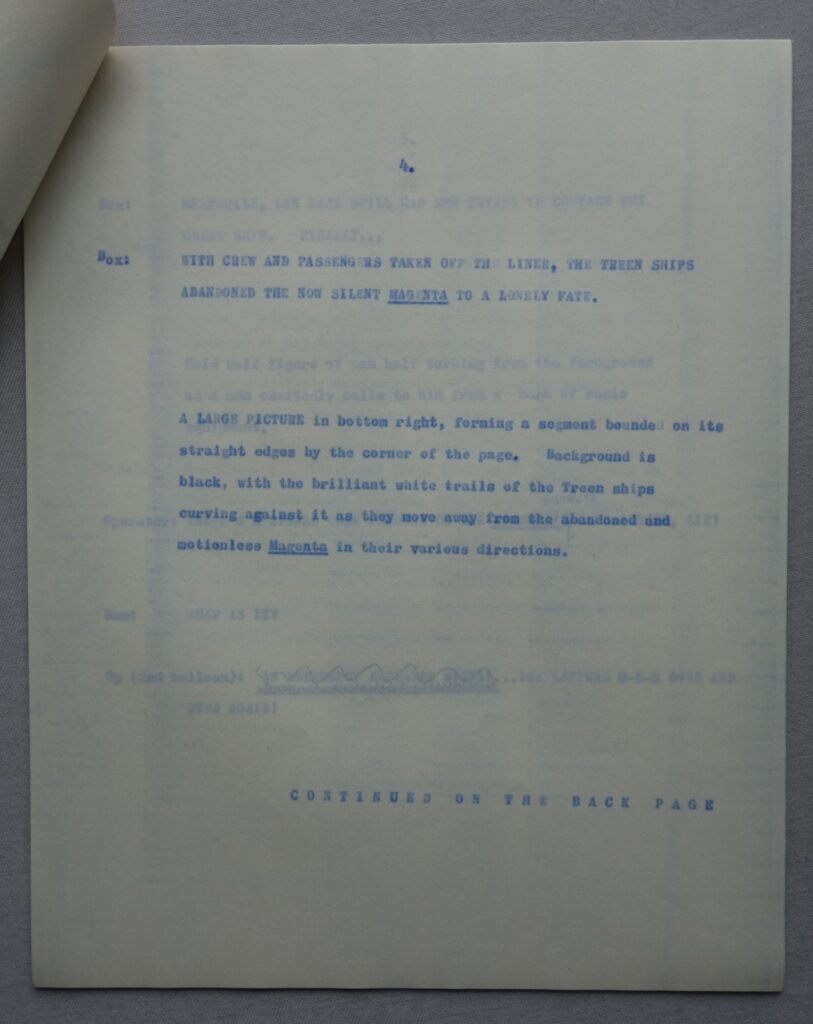 One of author and script writer David Motton’s “Dan Dare” scripts for Eagle, an episode of “All Treens Must Die”, features in this auction. The episode ran in Eagle Volume 15 No. 27, cover dated 4th July 1964, a chapter of one of the later “Dan Dare” tales, and one many remember with fondness. It ran for twenty consecutive issues, with art by Keith Watson.