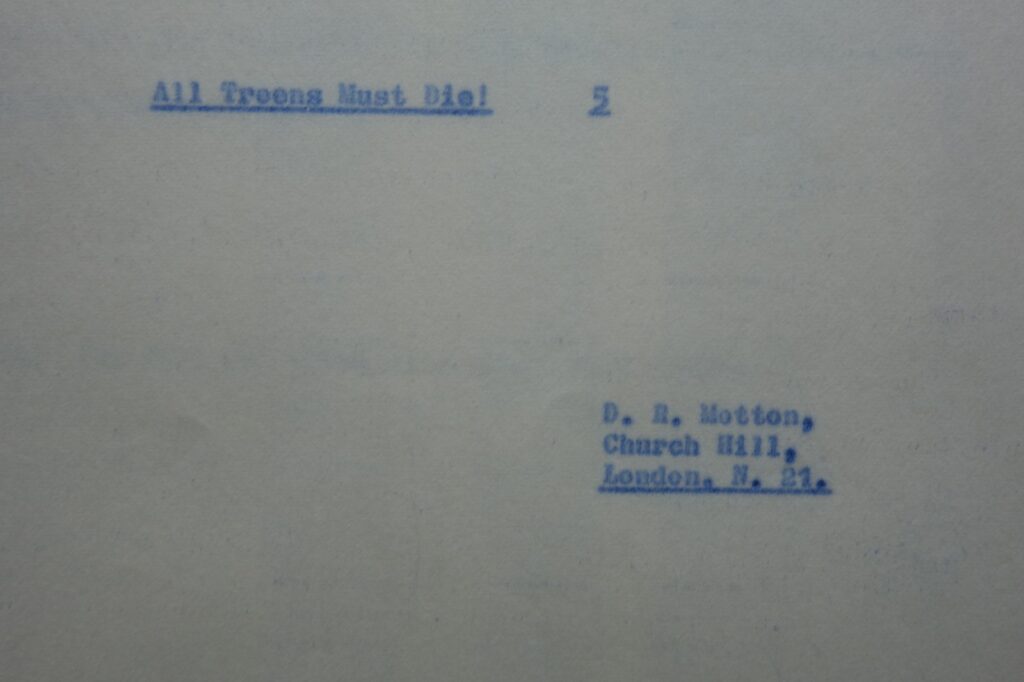 One of author and script writer David Motton’s “Dan Dare” scripts for Eagle, an episode of “All Treens Must Die”, features in this auction. The episode ran in Eagle Volume 15 No. 27, cover dated 4th July 1964, a chapter of one of the later “Dan Dare” tales, and one many remember with fondness. It ran for twenty consecutive issues, with art by Keith Watson.