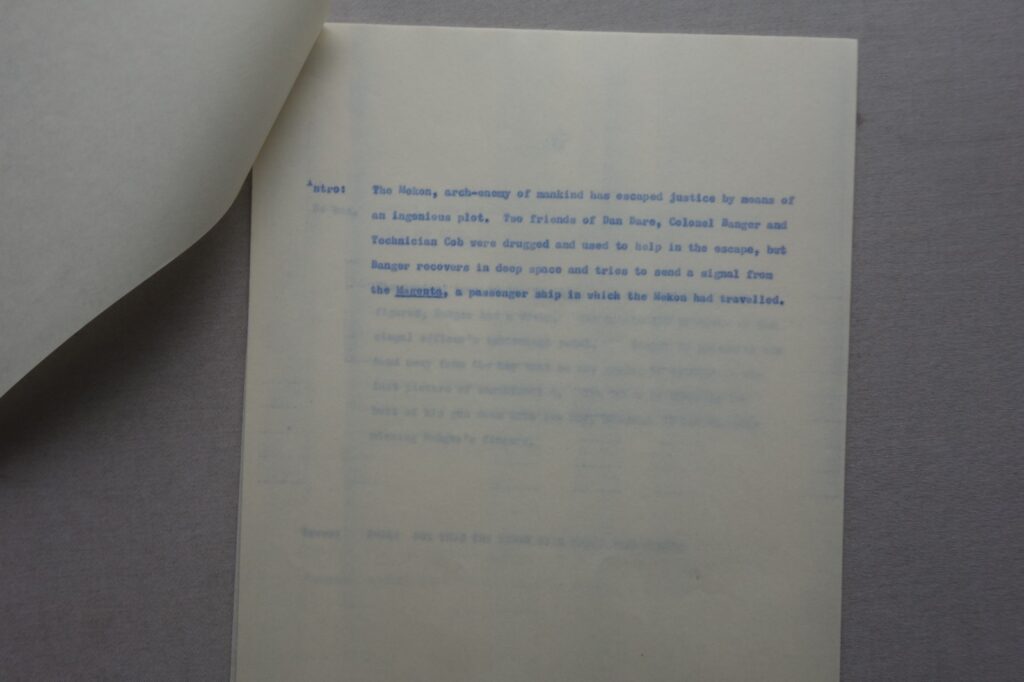 One of author and script writer David Motton’s “Dan Dare” scripts for Eagle, an episode of “All Treens Must Die”, features in this auction. The episode ran in Eagle Volume 15 No. 27, cover dated 4th July 1964, a chapter of one of the later “Dan Dare” tales, and one many remember with fondness. It ran for twenty consecutive issues, with art by Keith Watson.