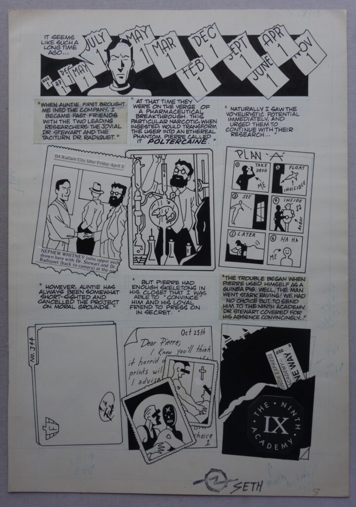 An original page of artwork which seems to have been drawn by Seth, a Canadian cartoonist whose real name is Gregory Gallant. We're not sure of the year, the name of the strip or the comic it was published in, but likely 1980s, possibly connected with the character “Mr X”. The artist was born in 1962 and this has a 1980s feel to it, or perhaps 1990s. The vendor who supplied it owned it for the best part of 25 years.