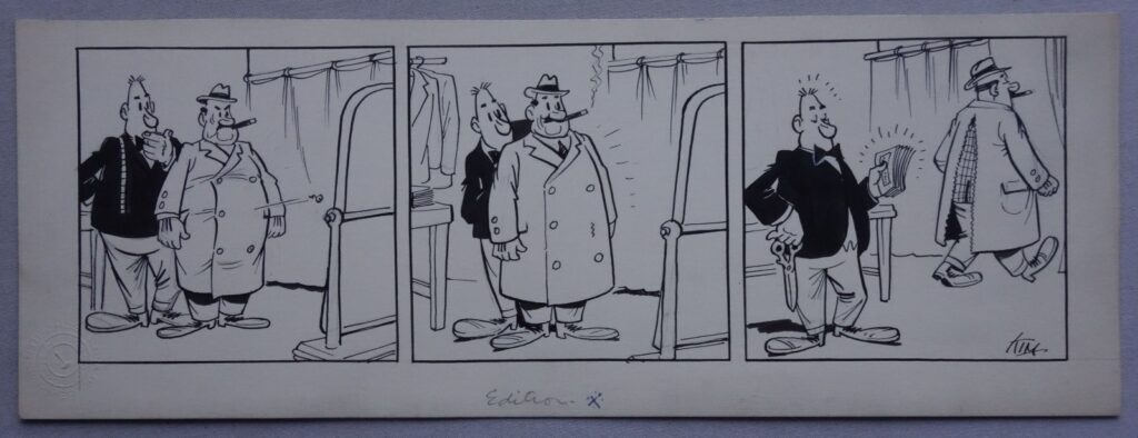 A silent strip from Cyril Price, signed as Kim, one of his pseudonyms; he used “Gwynne” on another strip, “The Whiskers Club”. Art measures approximately 15.5 x 5.75 inches (39.5 x 14.5 cm) and has the code 2714 on the reverse side. There is other pen writing to the reverse which we can't really make out, other than the date of 10th December 1953.