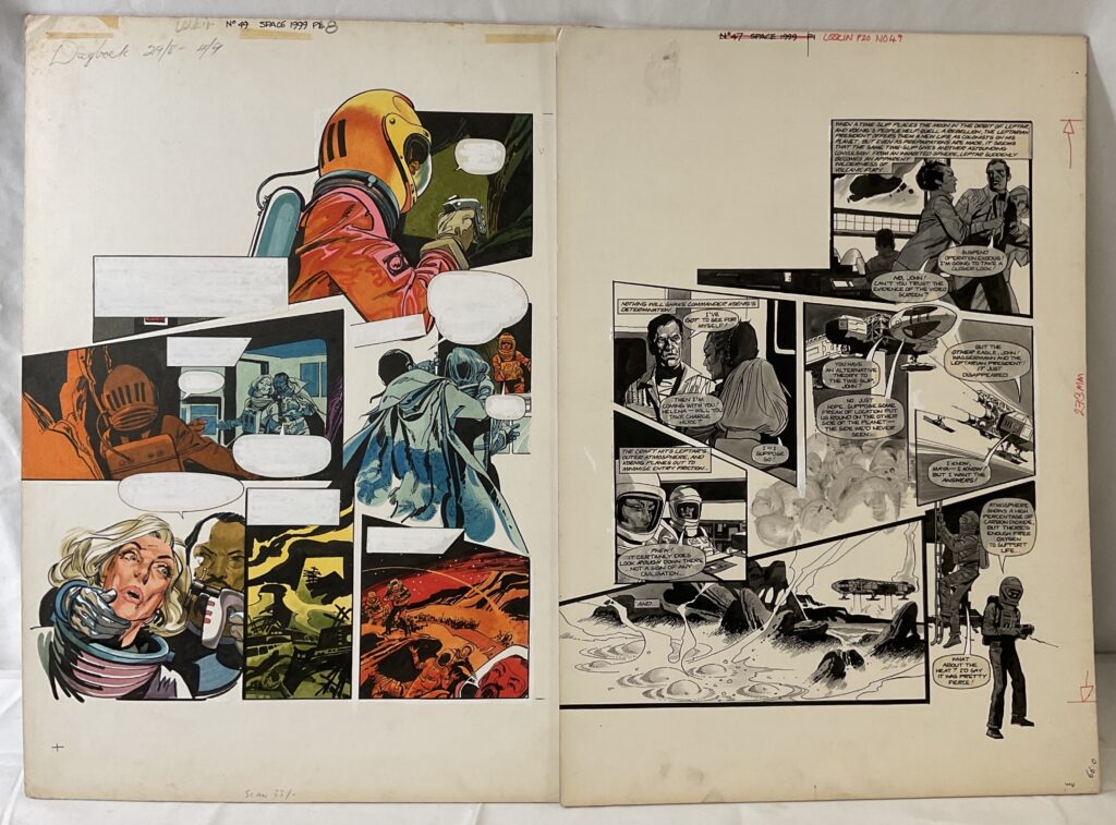 Two pages of Space: 1999 original comic art for Look-In No. 49, ink with lettering and page #49 ink and watercolours, no lettering. Comic strip based on the Gerry Anderson creation. 40cm x 55cm