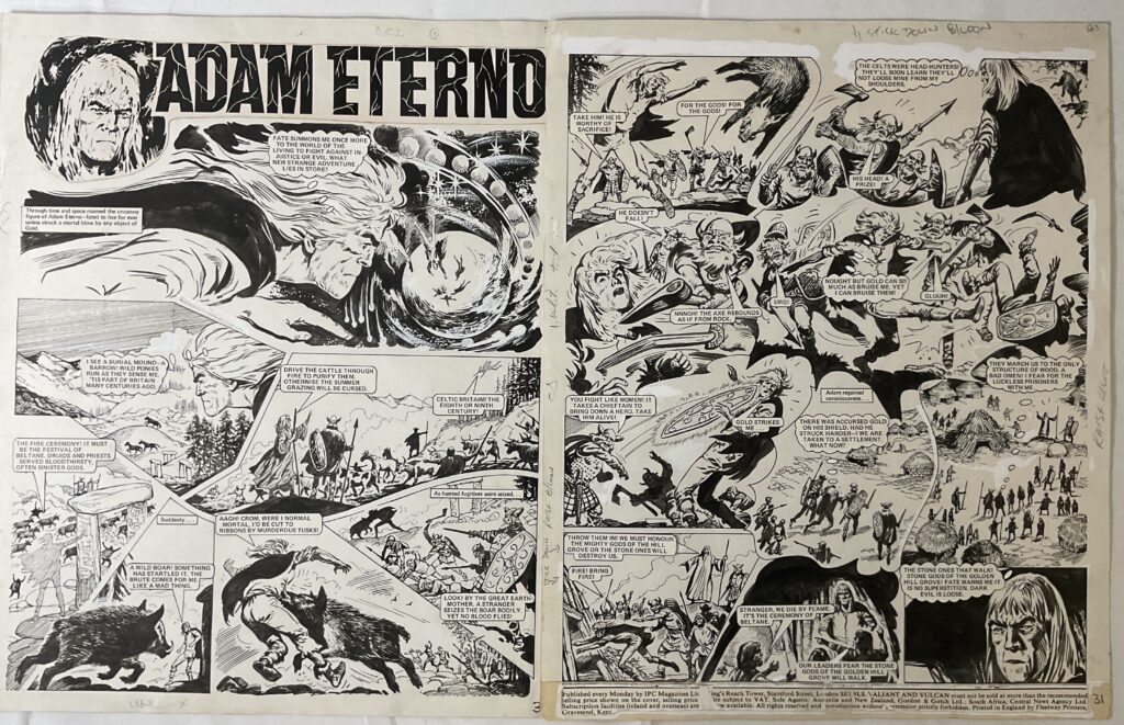 A pair of original "Adam Eterno pages for Lion and Thunder, one a story title page and another interior page, likely drawn by Francisco Solano López, 45cm x 37cm
