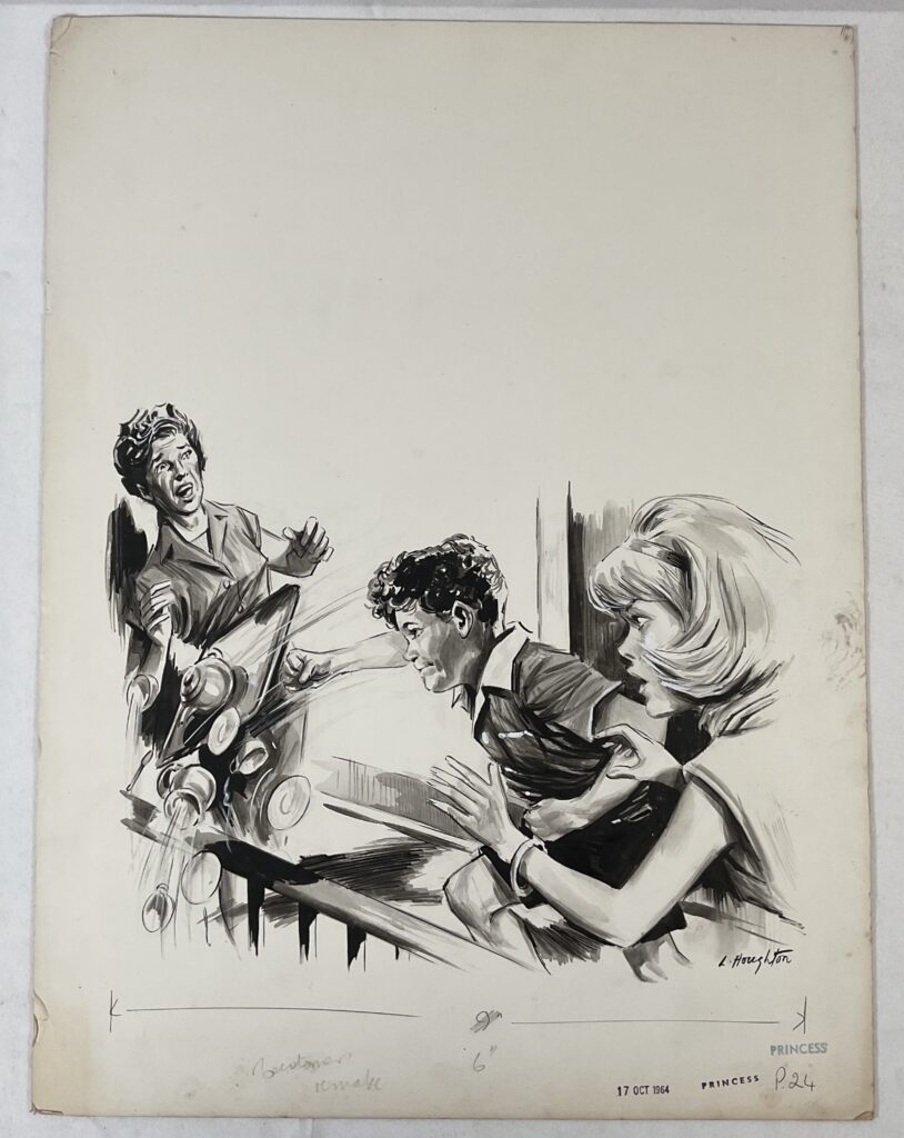 An item from a portfolio of original comic book art, interior pages for British comic books Princess, Valentine, Princess Tina, which includes work by artists Laurence Houghton, Rab Hamilton, Eric Parker, circa 1964-67 (13 artworks in all)