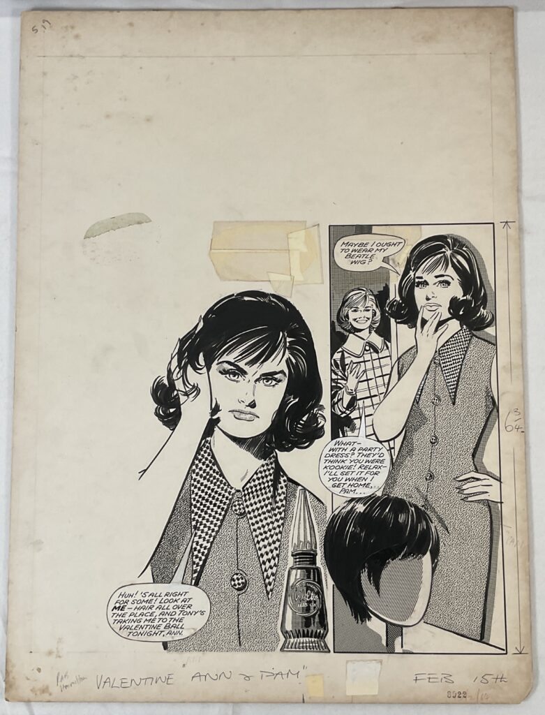 An item from a portfolio of original comic book art, interior pages for British comic books Princess, Valentine, Princess Tina, which includes work by artists Laurence Houghton, Rab Hamilton, Eric Parker, circa 1964-67 (13 artworks in all)