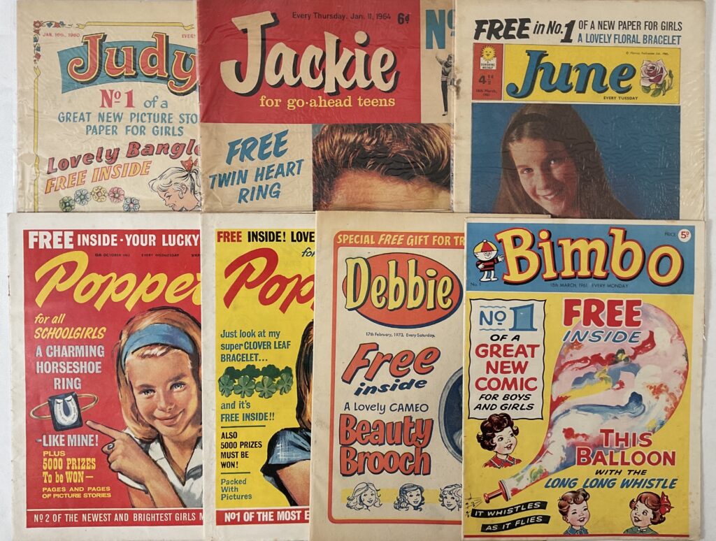 A group of girls comics first issues comprising Debbi #1 (1973), Bimbo #1 (1961), Jackie #1 (1964), Judy #1 (1960), Poppet #1-2 (1963), and June #1 (1961) -- no free gifts