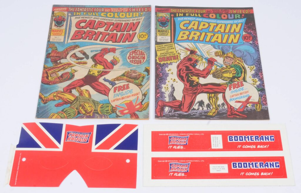 Marvel Comics UK Weekly, Captain Britain #1 & #2 (1976) with Free Gifts. Issue #1 First Appearance of Captain Britain with Free Gift Mask & #2 with Free Gift Boomerang