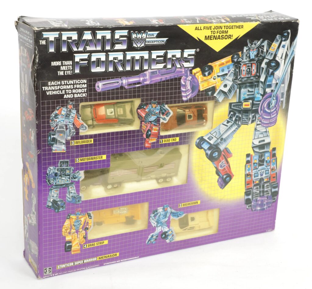 Hasbro 1985 Transformers Stunticon Super Warrior Menasor, comprising Dead End, Breakdown, Wildrider, Drag Strip, and Motormaster