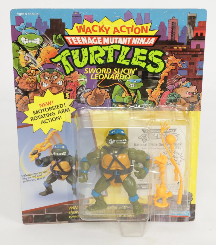 Playmates Teenage Mutant Ninja Turtles "Wacky Action" Sword Slicin' Leonardo action figure, 1990, within Excellent clear bubble, upon Excellent unpunched 44 back card