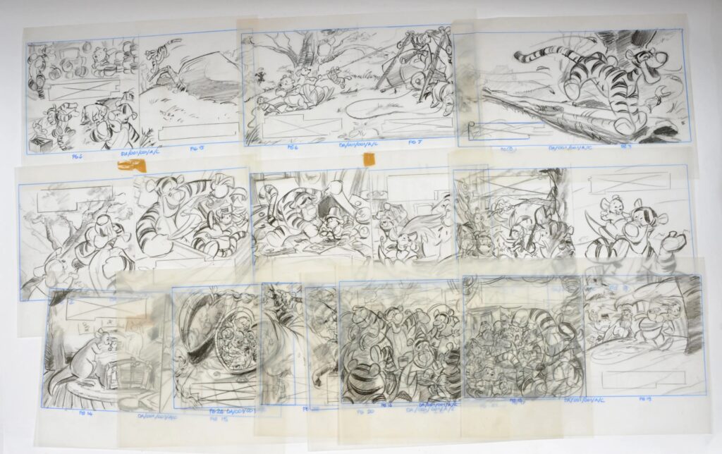 Disney Winnie the Pooh Pre-Production sketch artwork for book pages 2 to 21 (12 sheets in total) approx 16 inches x 12 inches. Condition good to good plus. These pieces of Disney Original art were brought to Vectis by the artist's agent - WFM Design & Marketing