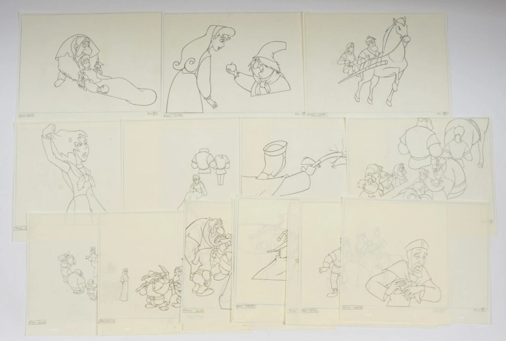 Disney Snow White Pre-Production pen outline artwork for possible animation storyboard or book pages. Numbered 20 to 29 (missing 21) & 30 to 40 - 10 inches x 13 inches. Condition good to good plus. These pieces of Disney Original art were brought to Vectis by the artist's agent - WFM Design & Marketing