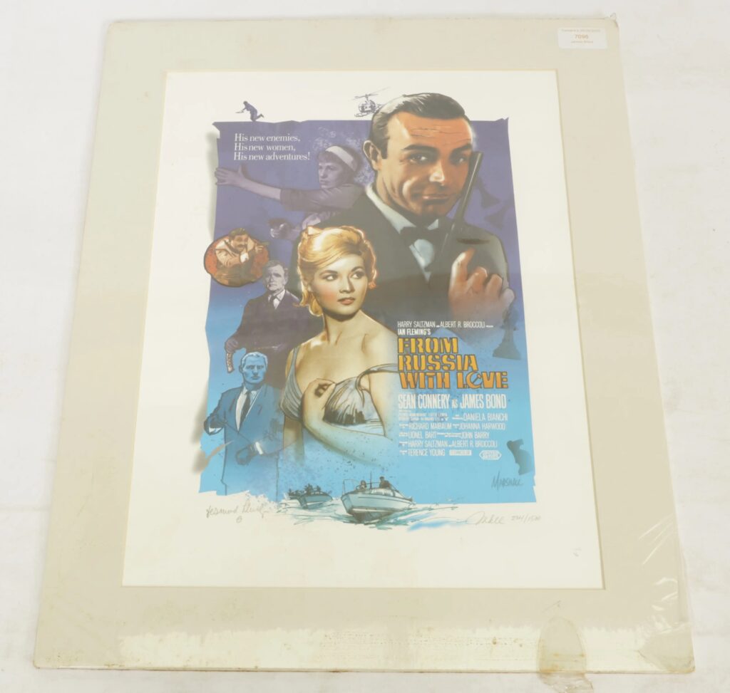 Daleon James Bond From Russia With Love limited edition lithograph featuring artwork by Jeff Marshall, hand-signed by the artist and actor Desmond Llewelyn, numbered 234/1500 and presented in a card mount
