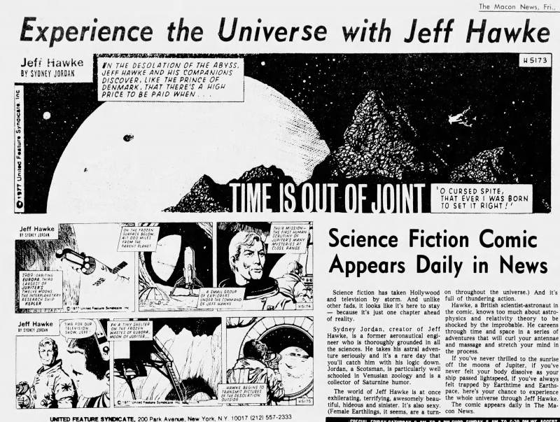 The 1977-78 run of Jeff Hawke in the United States, by Sydney Jordan and Paul Neary. Cutting via the Daily Cartoonist