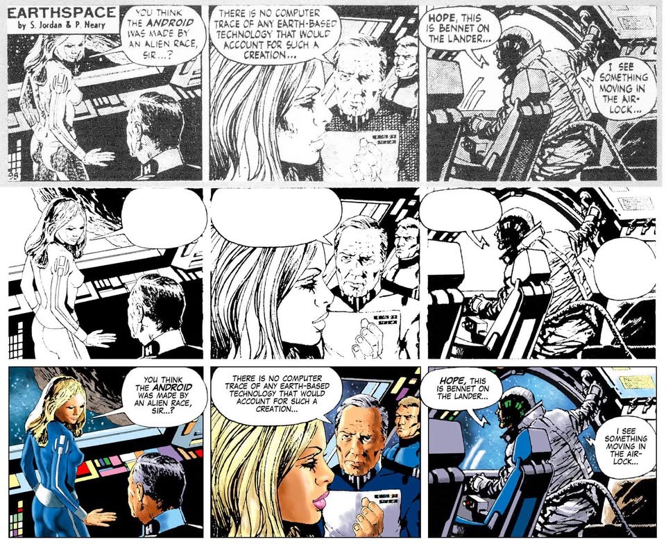 One of the strips for Earthspace as John Ridgway received it as a printed scan from a newspaper. He then tidied it up with zipatone painted out. The final tier is as coloured and lettered print-ready. A lot of work!