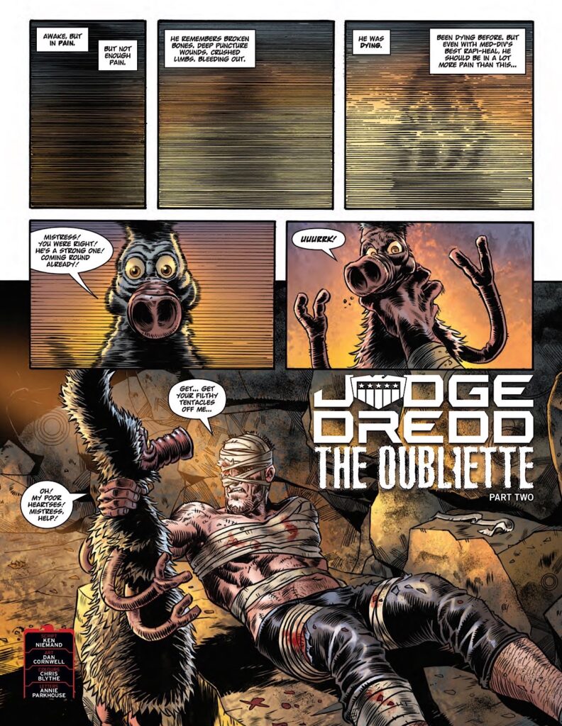 2000AD Prog 2484 | JUDGE DREDD // THE OUBLIETTE 
By Ken Niemand (Writer) Dan Cornwell (Artist) Chris Blythe (Colourist) Annie Parkhouse (Letterer)