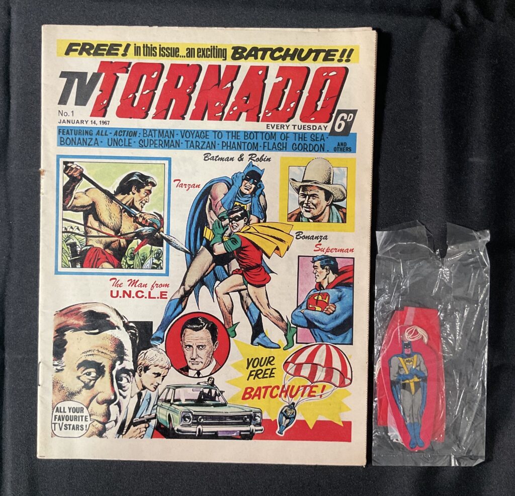 TV TORNADO No. 1 cover dated 14th January 1967 with Batachute free gift, featuring stories with Batman and Robin, Superman, The Man From U.N.C.L.E, and Flash Gordon