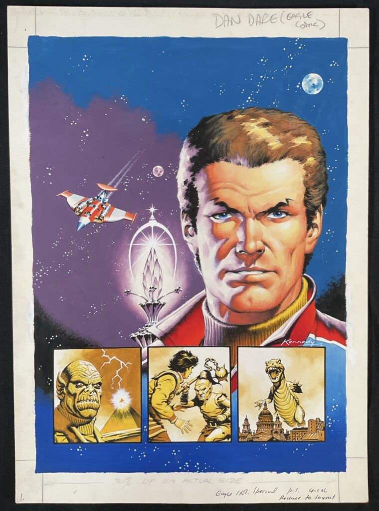 EAGLE HOLIDAY SPECIAL (1988) original Dan Dare cover art by Ian Kennedy, guache on board, inscribed to verso 'To Peter, Thanks for the memories, Ian Kennedy' , 13" x 18" together with a copy of the comic issue