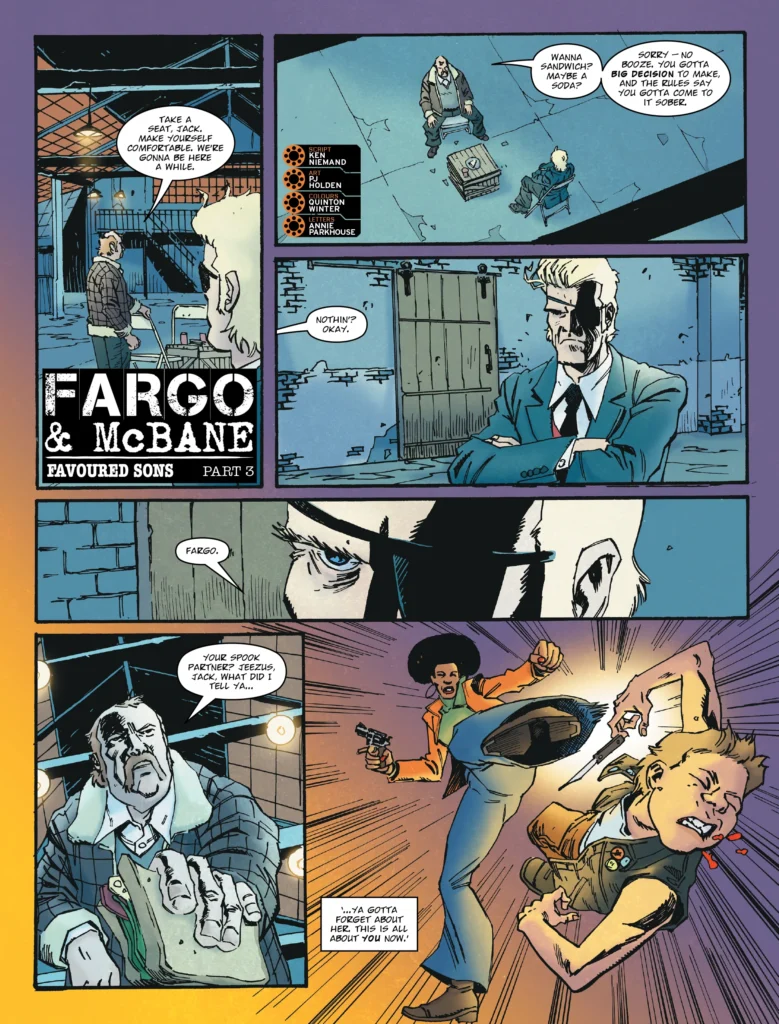 Judge Dredd Megazine 492 | FARGO & MCBANE // FAVOURED SONS by Ken Niemand (Writer) PJ Holden (Artist) Quinton Winter (Colourist) Annie Parkhouse (Letterer)