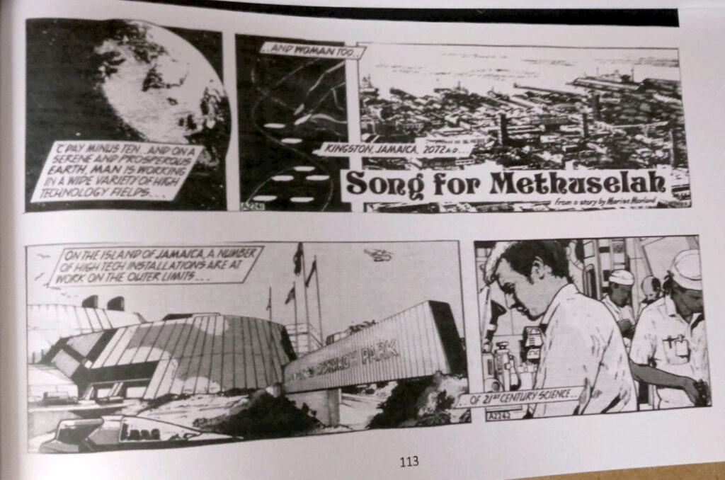 The opening episodes of the last published "Lance McLane" story, "Sing for Methusalah", as featured in Cosmos, published by the Jeff Hawke Fan Club. ONly four episdes ran in the Daily Record, the strip abruptly cancelled