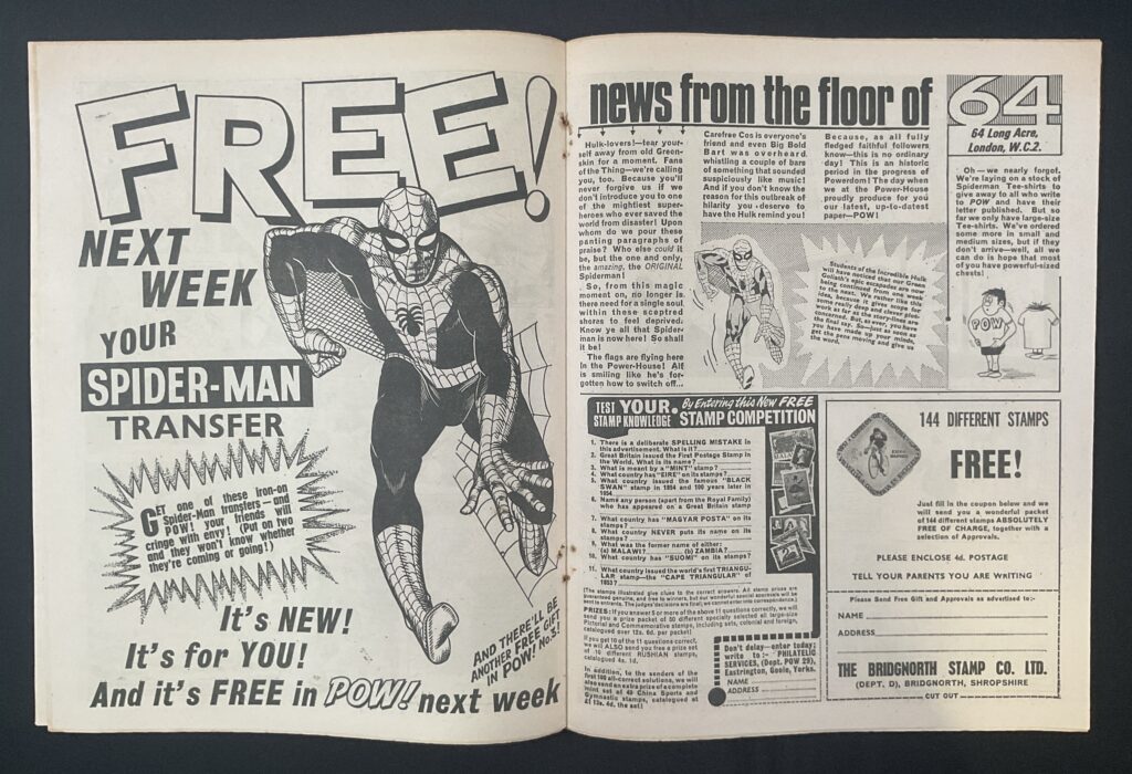 POW! #1 (Jan 21st 1967, Oldhams Press' Power Comics) British comic book including free gift Spider-Matic Gun and all six Spider Disc Bullets