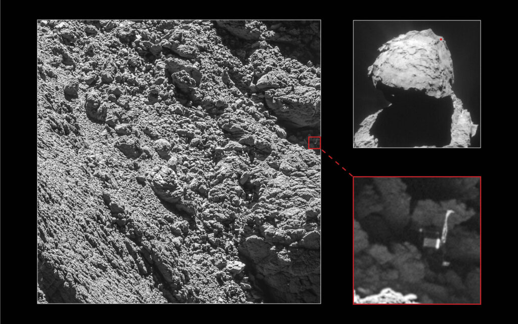 Less than a month before the end of the mission, Rosetta’s high-resolution camera revealed the Philae lander wedged into a dark crack on Comet 67P/Churyumov–Gerasimenko.

The images were taken by the OSIRIS narrow-angle camera as the orbiter came within 2.7 km of the surface and clearly show the main body of the lander, along with two of its three legs.