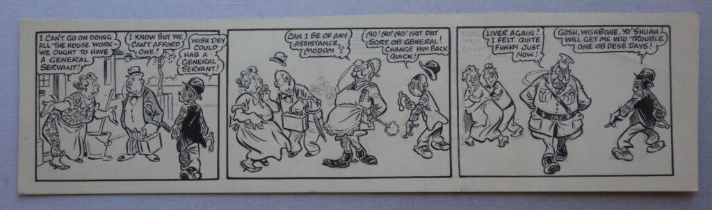 Preliminary Artwork by Roy Wilson, executed prior to his final drawing for publication. Wilson was a perfectionist and would often draw half, or even a full, strip but decide it wasn't quite good enough for his own high standards and consequently would re-draw it. So this is very close to the final version used for the comic and has the benefit of showing how he constructed his drawings. Here, he is attempting to perfect the entire third row (comprising three panels) of the rear cover "Stymie and his Magic Wishbone" strip. The panels demonstrate crisp lines and his pencil work. For whatever reason, Roy wasn't happy with these pieces, so started over. The page measures 15.75 x 4.25 inches and there's a vertical fold between the second and third panel