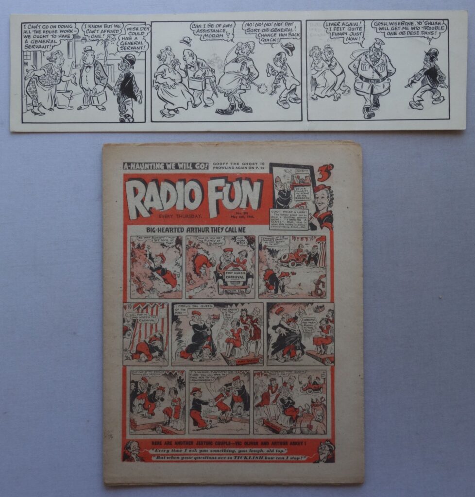 A copy of Radio Fun No. 291 cover dated 6th May 1944 With Preliminary Artwork by Roy Wilson, executed prior to his final drawing for publication. Wilson was a perfectionist and would often draw half, or even a full, strip but decide it wasn't quite good enough for his own high standards and consequently would re-draw it. So this is very close to the final version used for the comic and has the benefit of showing how he constructed his drawings. Here, he is attempting to perfect the entire third row (comprising three panels) of the rear cover "Stymie and his Magic Wishbone" strip. The panels demonstrate crisp lines and his pencil work. For whatever reason, Roy wasn't happy with these pieces, so started over. The page measures 15.75 x 4.25 inches and there's a vertical fold between the second and third panel