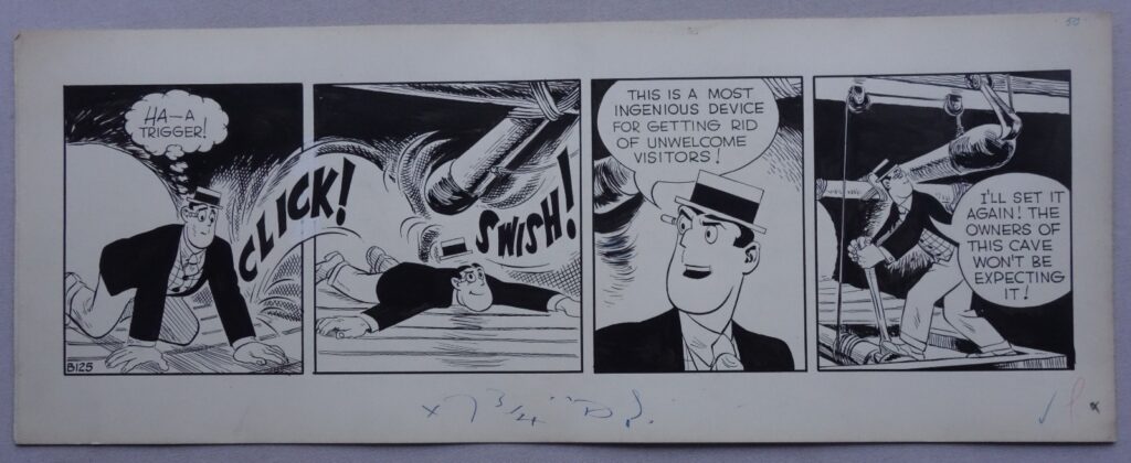 An episode of the short-lived humour strip “Scott Lanyard” for the Daily Sketch, published between 1955 and 1956. The strip was launched soon after McClelland had Deck to the sketch after having spent 20 odd years at the Daily Mirror. Measures approximately 19 x 7.25 inches (48 x 18 cm) and has the code B125 to the first panel corner. The reverse side has 2584 written in pen