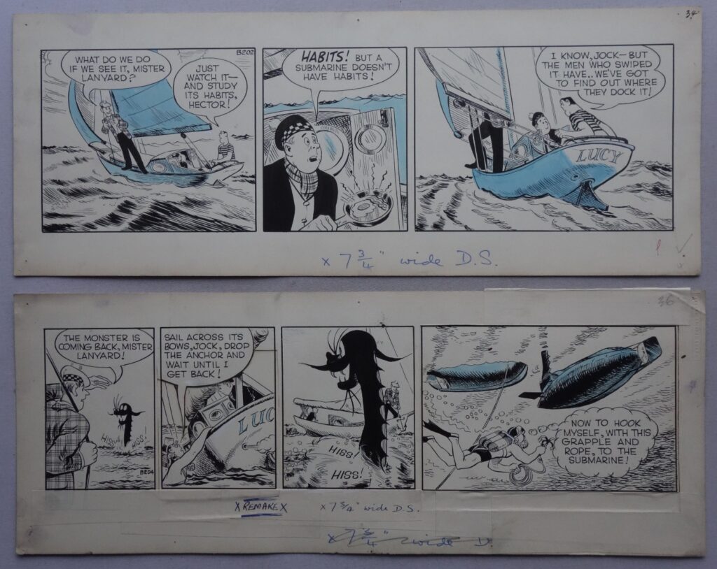 Two pages of original “Scott Lanyard” art for the Daily Sketch, art by Hugh McClelland. The page measures approximately 18.75 x 7.25 inches (47.5 x 18.5 cm) and has the code B202 and B204 in one of the panel corners. These correspond with a code on the back of 2603 and 2604, respectively. #2604 seems to be made of a few pieces of card taped together, which makes its construction as a working piece of art all the more interesting. Odd minor blemish but generally in pretty nice condition.