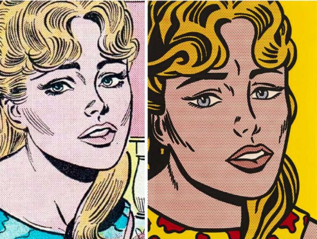 Side by side: Mike Sekowsky and Bernard Sachs's art from the DC Comics © story "Too Much to Ask", featured in Girls' Romances #97, alongside Lichtenstein's "Anxious Girl"