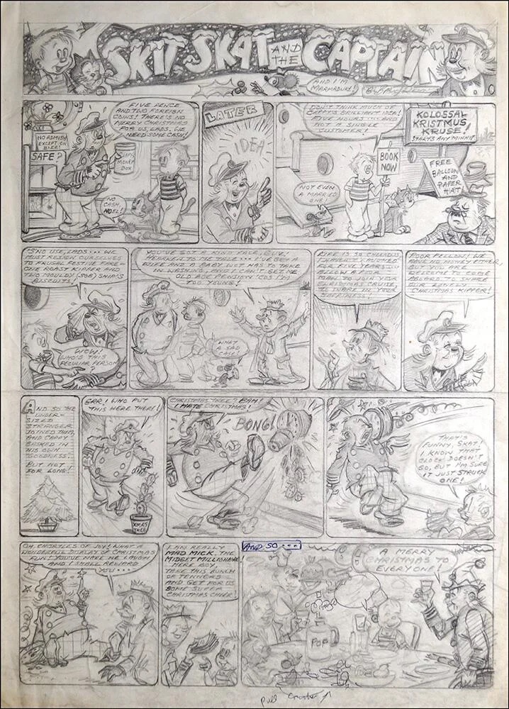 Original pencils for a Christmas episode of “Skit, Skat and the Captain” by Basil Reynolds for Mickey Mouse Weekly, 1938 | Via The Book Palace | https://bookpalace.com/info_reynoldscaptain