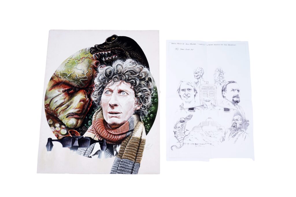 Art by Colin Howard:  Doctor Who - Time Flight", signed and dated 1998, gouache, measures 39.5 x 27.5cms, 53.5 x 40.5cms in frame, together with art of Tom Baker with monsters, signed and dated 1989,gouache, 50 x 40cms, unframed