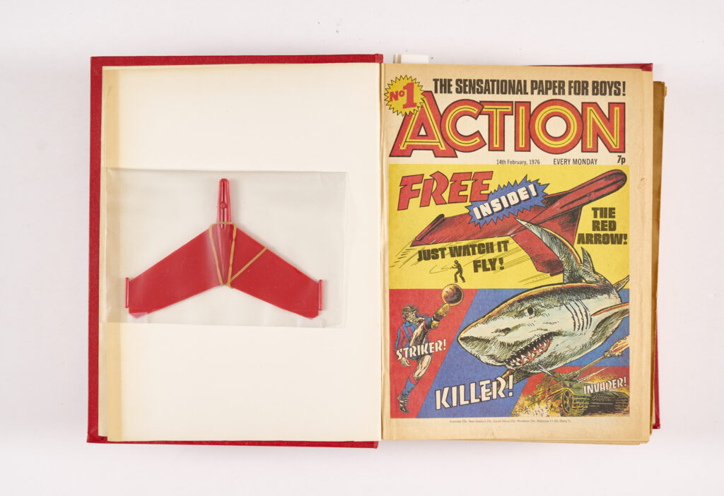 Action (14 Feb-25 Dec 1976) 34 issues including No 1 wfg Red Arrow from The IPC Editorial Archive. Missing issues: 28 Feb, 13 March, 10, 17, 24 April and 1 May and the banned 23 October. So 30 of the pre-ban issues are present along with all 4 post-ban issues. Starring Dredger, Hook Jaw, Hellman of Hammer Force, The Running Man, The Coffin Sub and Death Game 1999. No 1 and a few further issues [vg+/fn-], balance [fn/vfn+] (34)
