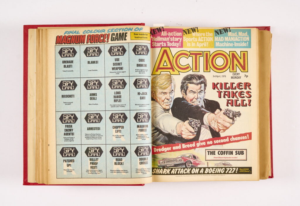 Action (14 Feb-25 Dec 1976) 34 issues including No 1 wfg Red Arrow from The IPC Editorial Archive. Missing issues: 28 Feb, 13 March, 10, 17, 24 April and 1 May and the banned 23 October. So 30 of the pre-ban issues are present along with all 4 post-ban issues. Starring Dredger, Hook Jaw, Hellman of Hammer Force, The Running Man, The Coffin Sub and Death Game 1999. No 1 and a few further issues [vg+/fn-], balance [fn/vfn+] (34)