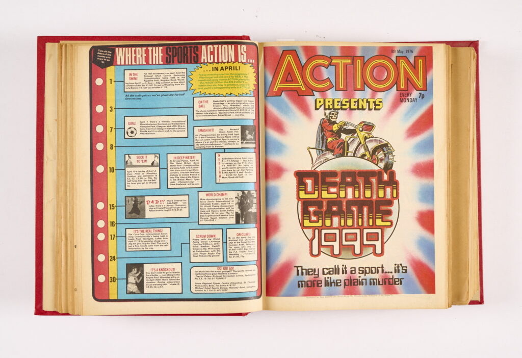 Action (14 Feb-25 Dec 1976) 34 issues including No 1 wfg Red Arrow from The IPC Editorial Archive. Missing issues: 28 Feb, 13 March, 10, 17, 24 April and 1 May and the banned 23 October. So 30 of the pre-ban issues are present along with all 4 post-ban issues. Starring Dredger, Hook Jaw, Hellman of Hammer Force, The Running Man, The Coffin Sub and Death Game 1999. No 1 and a few further issues [vg+/fn-], balance [fn/vfn+] (34)